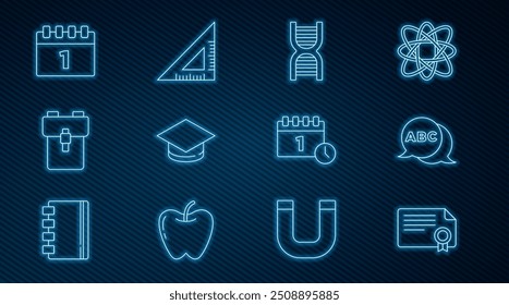 Plantilla de certificado, alfabeto, símbolo de ADN, gorra de graduación, mochila escolar, calendario de la primera fecha de septiembre e ícono de Regla triangular. Vector