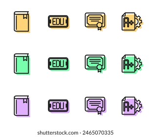 Set line Certificate template, Book, Online education and Exam sheet with A plus grade icon. Vector