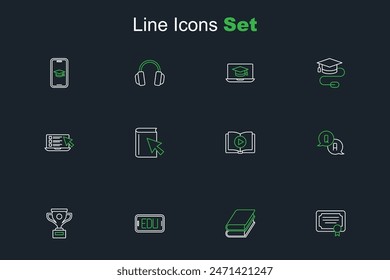 Set line Certificate template, Book, Online education, Award cup, Question and Answer, Audio book,  and quiz, test, survey icon. Vector