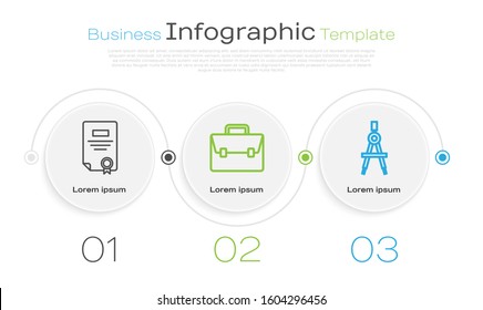 Set line Certificate template, Briefcase and Drawing compass. Business infographic template. Vector