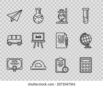 Set line Certificate template, Calculator, Glass test tube flask on fire, Protractor grid for measuring degrees, Paper airplane, Chalkboard, Exam sheet with clock and Earth globe icon. Vector