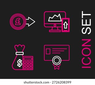 Set Linie Zertifikat Vorlage, Rechner mit Geldbeutel, Finanzdiagramm Diagramm der Computer-Monitor und Handy und Münzpfund Sterling Symbol Symbol. Vektorgrafik
