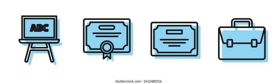 Set line Certificate template, Chalkboard, Certificate template and Briefcase icon. Vector