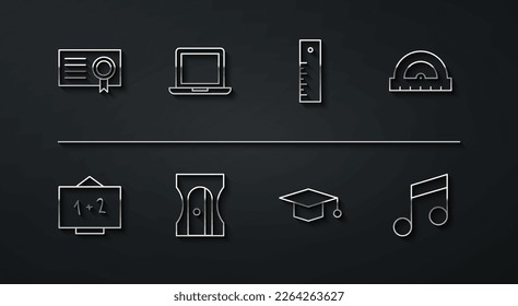 Set line Certificate template, Chalkboard, Protractor, Graduation cap, Pencil sharpener, Laptop, Music note, tone and Ruler icon. Vector