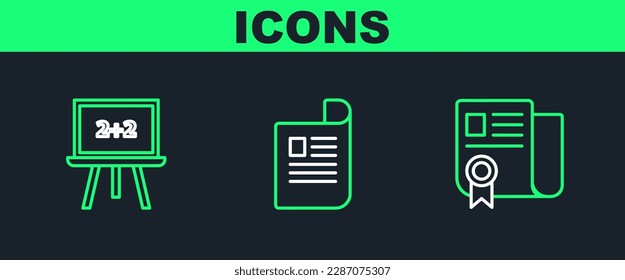 Set line Certificate template, Chalkboard and Document icon. Vector