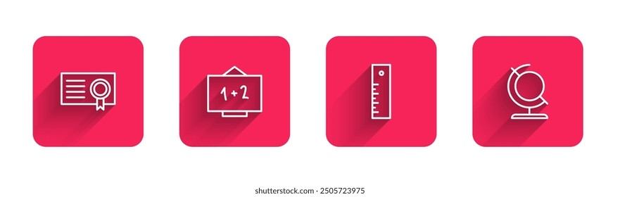 Set line Certificate template, Chalkboard, Ruler and Earth globe with long shadow. Red square button. Vector