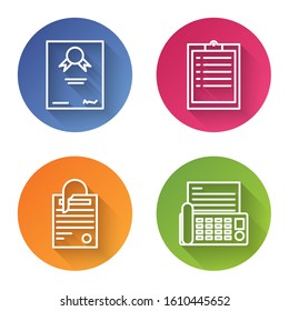 Set line Certificate template, Clipboard with checklist, File document and paper clip and Fax machine. Color circle button. Vector
