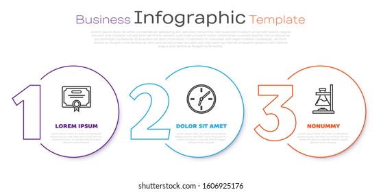 Set line Certificate template, Clock and Glass test tube flask on fire. Business infographic template. Vector