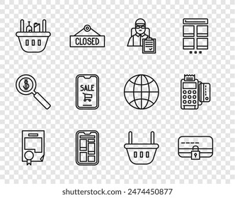 Set line Certificate template, Credit card with lock, Delivery man cardboard boxes, Online shopping on phone, Shopping basket and food, Mobile cart,  and POS terminal credit icon. Vector