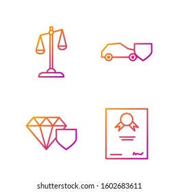 Set line Certificate template, Diamond with shield, Scales of justice and Car with shield. Gradient color icons. Vector