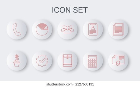 Set line Certificate template, Dollar plant in the pot, Users group, Calculator, Telephone handset, Pie chart infographic, Approved check mark and Envelope icon. Vector