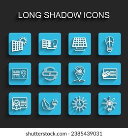 Set line Certificate template, Electric saving plug in leaf, Solar energy panel and sun, Light bulb with gear, Chain link line, Financial document and Location shopping basket icon. Vector