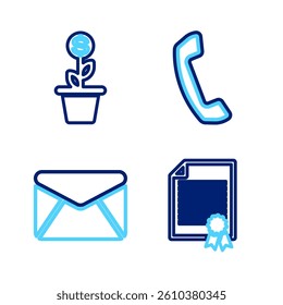 Set line Certificate template, Envelope, Telephone handset and Dollar plant in the pot icon. Vector