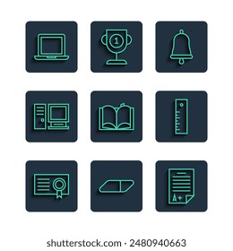 Set line Certificate template, Eraser or rubber, Exam sheet with A plus grade, Ringing bell, Open book, Computer monitor, Laptop and Ruler icon. Vector