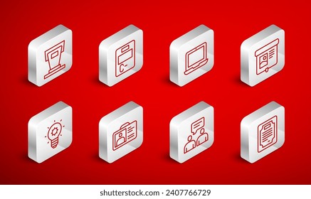 Set line Certificate template, Exam paper with incorrect answers, Laptop, Projection screen, Two sitting men talking, Stage stand, Identification badge and Light bulb icon. Vector