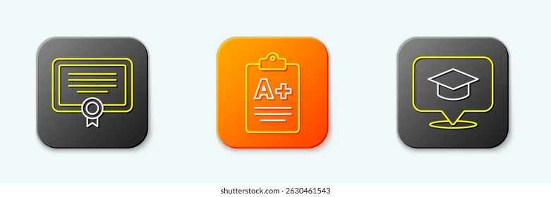 Set line Certificate template, Exam sheet with A plus grade and Graduation cap in speech bubble icon. Vector