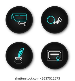 Set line Certificate template, Feather and inkwell, Ball on chain and Security camera icon. Vector