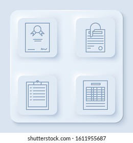 Set line Certificate template, File document and paper clip, Clipboard with checklist and Report file document. White square button. Vector