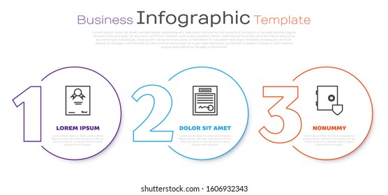 Set line Certificate template, Filled form and Safe with shield. Business infographic template. Vector