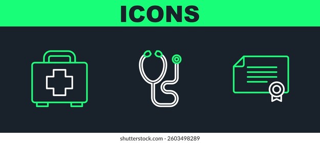Set line Certificate template, First aid kit and Stethoscope icon. Vector