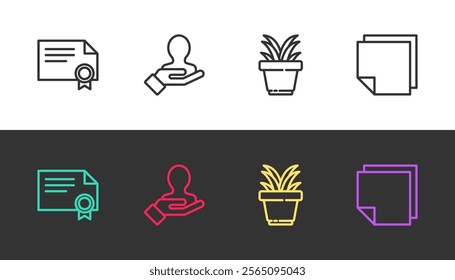 Set line Certificate template, Hand for search people, Plant in pot and Post note stickers on black and white. Vector