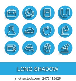 Set line Certificate template, Idea, speech bubble, Briefcase, Head with gear inside, Microscope, Protractor, Table lamp and Apple icon. Vector