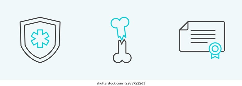 Set line Certificate template, Life insurance and Human broken bone icon. Vector