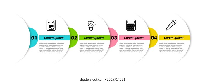 Set line Certificate template, Light bulb, Calculator and Microphone. Business infographic template. Vector