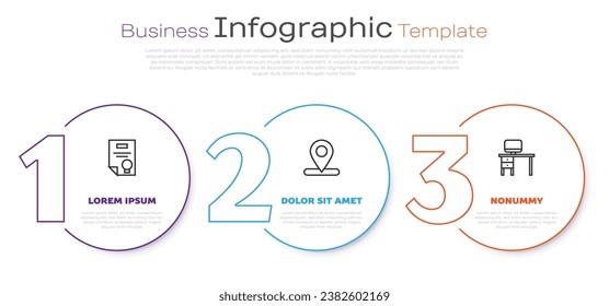 Set line Certificate template, Location and Computer monitor and desk. Business infographic template. Vector