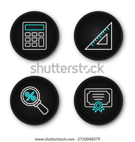 Set line Certificate template, Magnifying glass with percent, Triangular ruler and Calculator icon. Vector