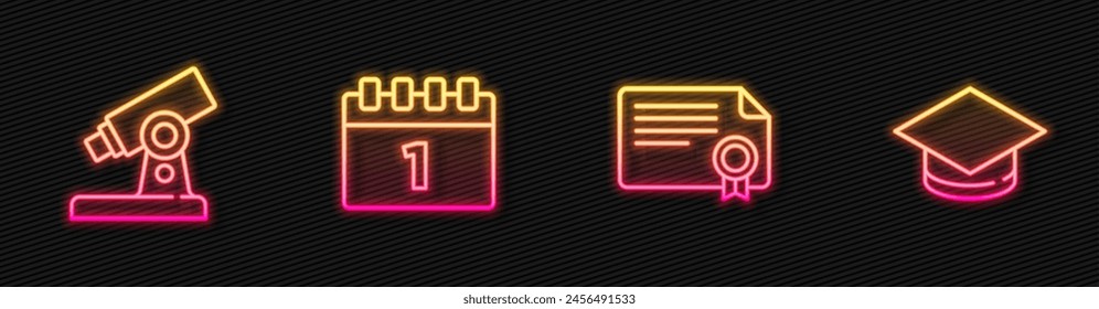 Set line Certificate template, Microscope, Calendar first september date and Graduation cap. Glowing neon icon. Vector