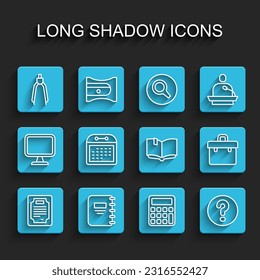 Set line Certificate template, Notebook, Drawing compass, Calculator, Speech bubbles with Question, Calendar, Briefcase and Open icon. Vector