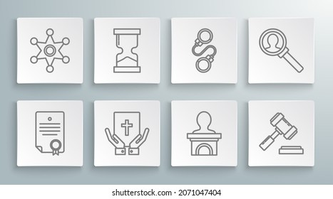 Set line Certificate template, Old hourglass, Oath on the Holy Bible, Stage stand or debate podium rostrum, Judge gavel, Handcuffs, Magnifying for search and Hexagram sheriff icon. Vector
