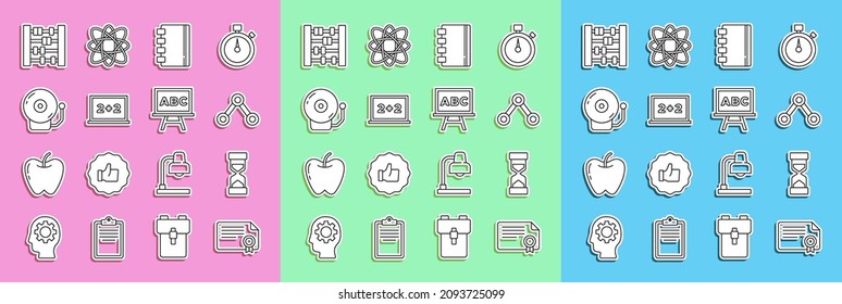 Set line Certificate template, Old hourglass with sand, Molecule, Spiral notebook, Chalkboard, Ringing alarm bell, Abacus and  icon. Vector