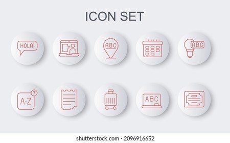 Set line Certificate template, Online translator, Alphabet, Chalkboard, Hola different languages, Foreign online study, Notebook and Suitcase icon. Vector