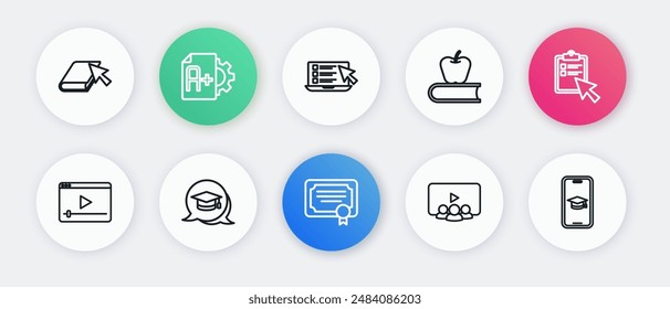 Set line Certificate template, Online quiz, test, survey, play video, class, Book with apple, Graduation cap on mobile and speech bubble icon. Vector