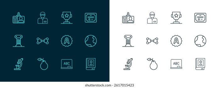 Set line Certificate template, Pear, Exam sheet with A plus grade, Chalkboard, Molecule, Award cup, Identification badge and Teacher icon. Vector