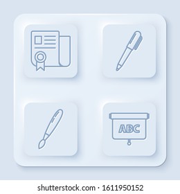 Set line Certificate template, Pen, Paint brush and Chalkboard. White square button. Vector