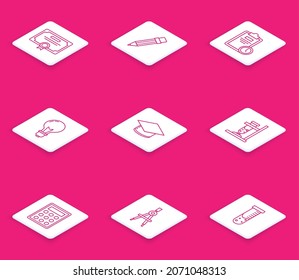 Set line Certificate template, Pencil with eraser, Exam sheet clock, Light bulb concept of idea, Graduation cap, Glass test tube flask fire, Calculator and Drawing compass icon. Vector