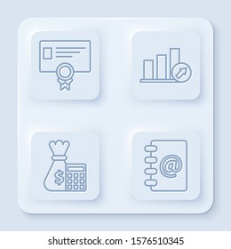 Set line Certificate template, Presentation financial with graph, schedule, chart, diagram, infographic, pie graph, Calculator with money bag and Address book. White square button. Vector