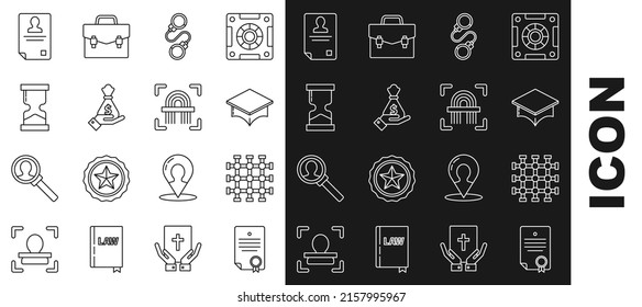 Fijar la plantilla de certificado, la ventana de la prisión, el gorro de graduación, las esposas, la bolsa de dinero, el cristal de la tercera línea, la insignia de identificación y el icono de huellas dactilares. Vector