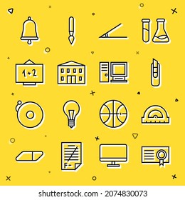 Set line Certificate template, Protractor, Stationery knife, Acute angle, School building, Chalkboard, Ringing bell and Computer monitor icon. Vector