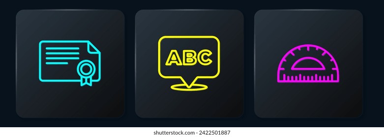 Establecer la plantilla de certificado de línea, el trazador y el alfabeto. Botón cuadrado negro. Vector
