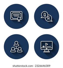 Set line Certificate template, Question and Answer, Online class and play video with long shadow. Blue circle button. Vector