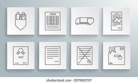 Set line Certificate template, Report file document, Document, Delete, Ordered envelope, Delivery cargo truck with shield, Torn contract and Family insurance icon. Vector