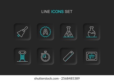 Set line Certificate template, Ruler, Stopwatch, Law pillar, Test tube, Exam sheet with A plus grade and Ringing bell icon. Vector