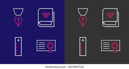 Set line Certificate template, Ruler, Book and Fountain pen nib icon. Vector