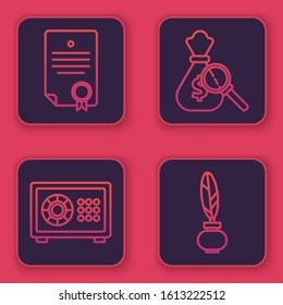 Set line Certificate template, Safe, Money bag and magnifying glass and Feather and inkwell. Blue square button. Vector