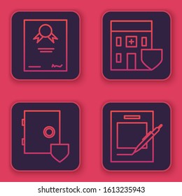 Set line Certificate template, Safe with shield, Medical hospital building with shield and Blank notebook and pen. Blue square button. Vector