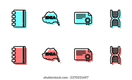 Fijar la plantilla de certificado de línea, bloc de notas espiral, Idea, burbuja de voz e icono de símbolo de ADN. Vector